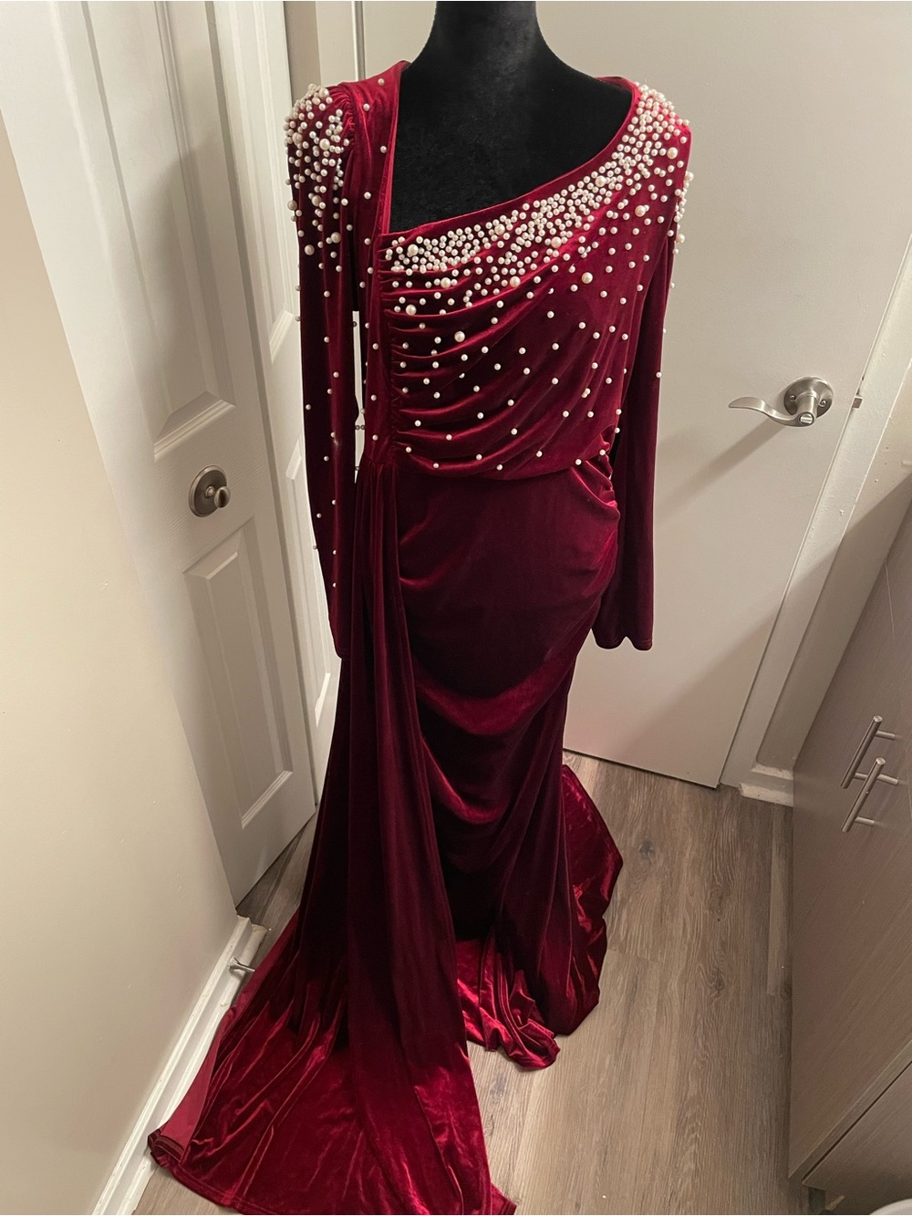 Pearl-Embellished Burgundy Velvet Long-Sleeve Gown